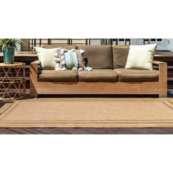 Outdoor Border Collection Area Rug - Multi Border (5' 3" x 8' Rectangle, Tan/ Light Brown)