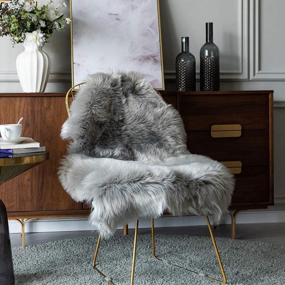 Luxury Soft Faux Sheepskin Chair Cover Seat Pad Plush Fur Area Rugs for Bedroom, 2ft x 3ft,Grey