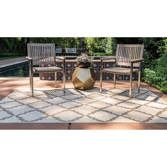 Outdoor Trellis Collection Area Rug - Raised Trellis (8' x 11' 4" Rectangle, Beige/ Brown)