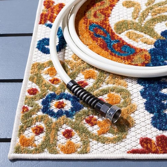 Cabana Collection Area Rug - 8' x 10', Cream & Navy, Paisley Design, Non-Shedding & Easy Care, Indoor/Outdoor & Washable-Ideal for Patio, Backyard, Mudroom (CBN887A)