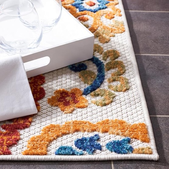 Cabana Collection Area Rug - 8' x 10', Cream & Navy, Paisley Design, Non-Shedding & Easy Care, Indoor/Outdoor & Washable-Ideal for Patio, Backyard, Mudroom (CBN887A)