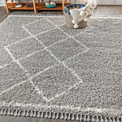 MCR103C-8 Mercer Shag Plush Tassel Moroccan Tribal Geometric Trellis Indoor Area -Rug Bohemian Easy -Cleaning High Traffic Bedroom Kitchen Living Room, 8 X 10, Grey/Cream