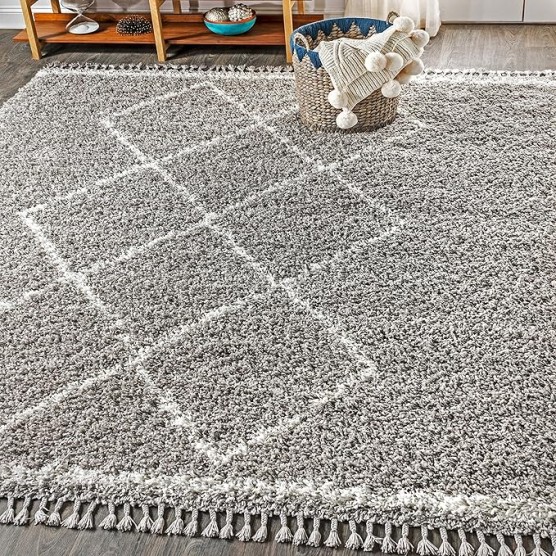 MCR103C-8 Mercer Shag Plush Tassel Moroccan Tribal Geometric Trellis Indoor Area -Rug Bohemian Easy -Cleaning High Traffic Bedroom Kitchen Living Room, 8 X 10, Grey/Cream