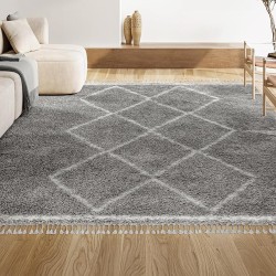 MCR103C-8 Mercer Shag Plush Tassel Moroccan Tribal Geometric Trellis Indoor Area -Rug Bohemian Easy -Cleaning High Traffic Bedroom Kitchen Living Room, 8 X 10, Grey/Cream