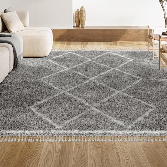 MCR103C-8 Mercer Shag Plush Tassel Moroccan Tribal Geometric Trellis Indoor Area -Rug Bohemian Easy -Cleaning High Traffic Bedroom Kitchen Living Room, 8 X 10, Grey/Cream