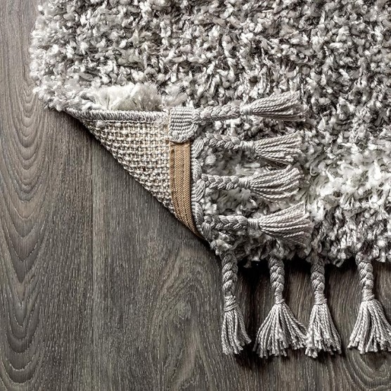 MCR103C-8 Mercer Shag Plush Tassel Moroccan Tribal Geometric Trellis Indoor Area -Rug Bohemian Easy -Cleaning High Traffic Bedroom Kitchen Living Room, 8 X 10, Grey/Cream
