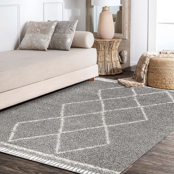 MCR103C-8 Mercer Shag Plush Tassel Moroccan Tribal Geometric Trellis Indoor Area -Rug Bohemian Easy -Cleaning High Traffic Bedroom Kitchen Living Room, 8 X 10, Grey/Cream