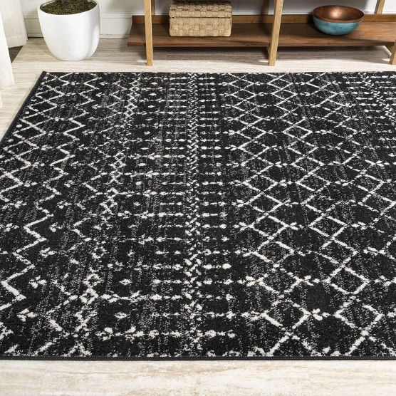 Moroccan Hype Boho Vintage Diamond Indoor Area-Rug Bohemian Easy-Cleaning Bedroom Kitchen Living Room Non Shedding, 8 X 10, Black/Ivory