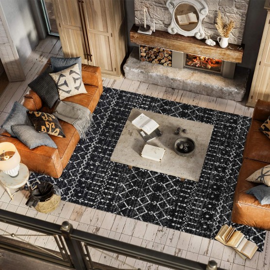 Moroccan Hype Boho Vintage Diamond Indoor Area-Rug Bohemian Easy-Cleaning Bedroom Kitchen Living Room Non Shedding, 8 X 10, Black/Ivory