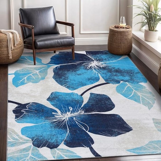 Solana Modern Floral 7'10" x 10'3" Area Rugs Non-Skid (Non-Slip) Rubber Backing Blue - Gray Flowers Indoor Rug (8x10, Blue Grey)