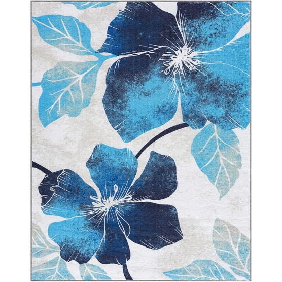 Solana Modern Floral 7'10" x 10'3" Area Rugs Non-Skid (Non-Slip) Rubber Backing Blue - Gray Flowers Indoor Rug (8x10, Blue Grey)