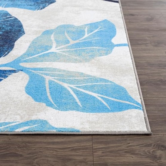 Solana Modern Floral 7'10" x 10'3" Area Rugs Non-Skid (Non-Slip) Rubber Backing Blue - Gray Flowers Indoor Rug (8x10, Blue Grey)
