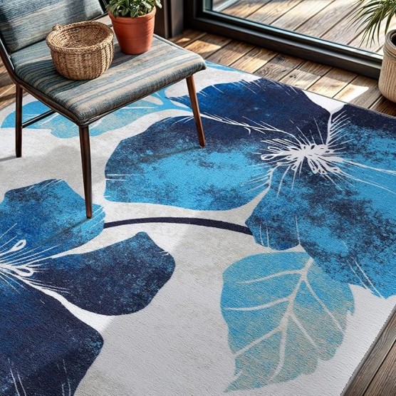 Solana Modern Floral 7'10" x 10'3" Area Rugs Non-Skid (Non-Slip) Rubber Backing Blue - Gray Flowers Indoor Rug (8x10, Blue Grey)