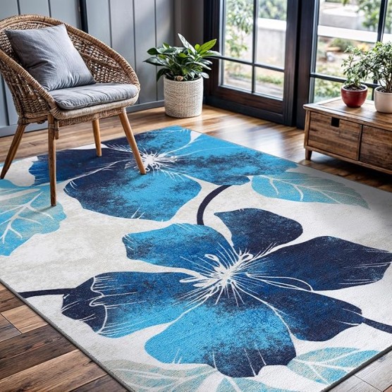Solana Modern Floral 7'10" x 10'3" Area Rugs Non-Skid (Non-Slip) Rubber Backing Blue - Gray Flowers Indoor Rug (8x10, Blue Grey)