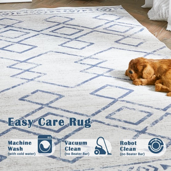 Washable Area Rug 5x7 - Moroccan Rug Bedroom Rug Stain Resistant Non Slip Thin Modern Geometric Soft Rug Contemporary Indoor Carpet for Living Room Kitchen Dining Room Blue