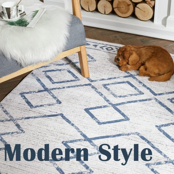 Washable Area Rug 5x7 - Moroccan Rug Bedroom Rug Stain Resistant Non Slip Thin Modern Geometric Soft Rug Contemporary Indoor Carpet for Living Room Kitchen Dining Room Blue