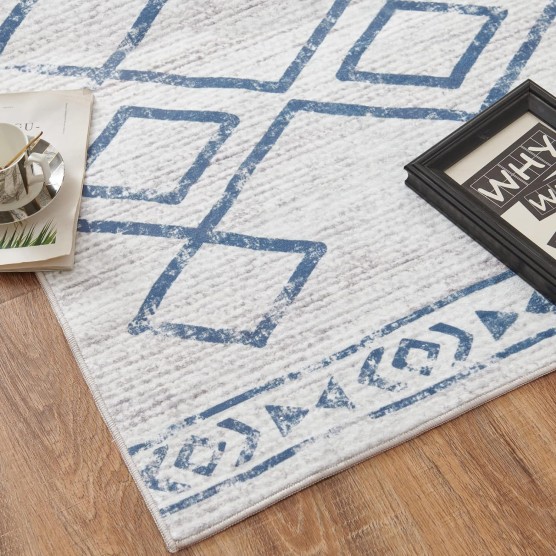 Washable Area Rug 5x7 - Moroccan Rug Bedroom Rug Stain Resistant Non Slip Thin Modern Geometric Soft Rug Contemporary Indoor Carpet for Living Room Kitchen Dining Room Blue