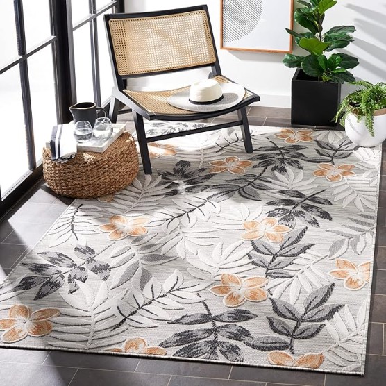 Cabana Collection Area Rug - 8' x 10', Grey & Ivory, Floral Design, Non-Shedding & Easy Care, Indoor/Outdoor & Washable-Ideal for Patio, Backyard, Mudroom (CBN405A)