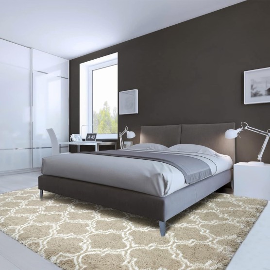Luxury Shag Area Rug 8x10 Feet Geometric Plush Fluffy Rugs, Extra Soft Carpet Moroccan Rugs for Bedroom Living Room Dorm Kids, High Pile Shaggy Floor Rug Decor, Beige/White