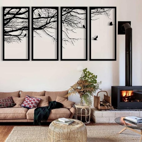 Metal Wall Art, 4 Panels Tree of Life Decor, Modern Nature Theme, UV Resistant, Lightweight, Indoor and Outdoor Use, 40"W x 20"H / 100x50 cm