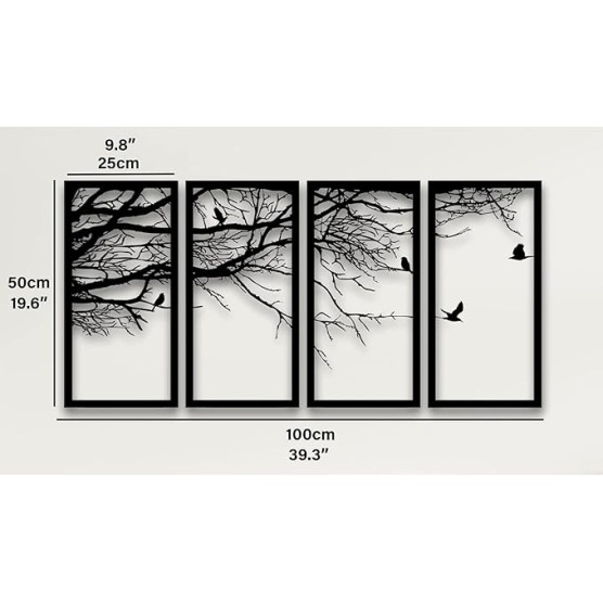 Metal Wall Art, 4 Panels Tree of Life Decor, Modern Nature Theme, UV Resistant, Lightweight, Indoor and Outdoor Use, 40"W x 20"H / 100x50 cm