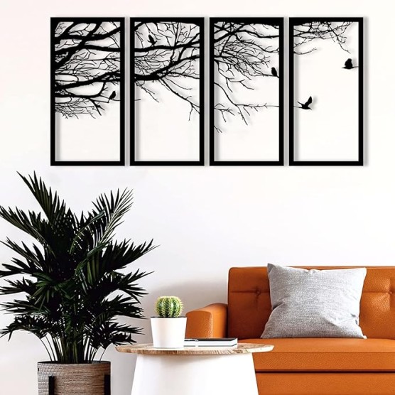 Metal Wall Art, 4 Panels Tree of Life Decor, Modern Nature Theme, UV Resistant, Lightweight, Indoor and Outdoor Use, 40"W x 20"H / 100x50 cm