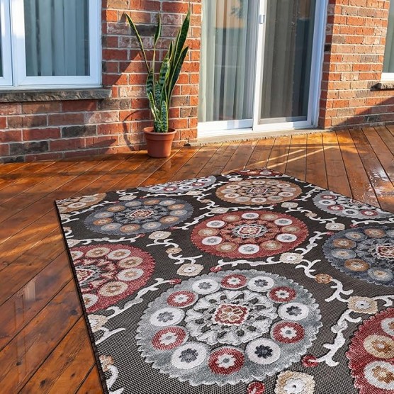 Indoor/Outdoor Rug 8x10 Bohemian Medallion Floral Area Rugs for Indoor and Outdoor Patios Easy-Cleaning Non-Shedding Living Room Garden and Kitchen Washable Outside Carpet (8 x 10 / Brown)