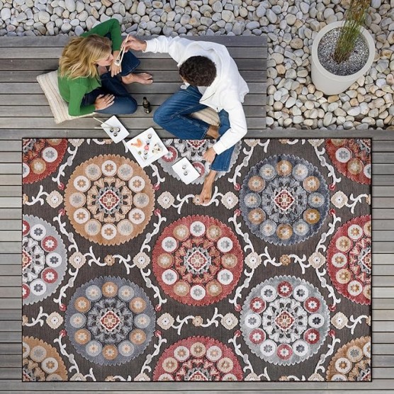 Indoor/Outdoor Rug 8x10 Bohemian Medallion Floral Area Rugs for Indoor and Outdoor Patios Easy-Cleaning Non-Shedding Living Room Garden and Kitchen Washable Outside Carpet (8 x 10 / Brown)