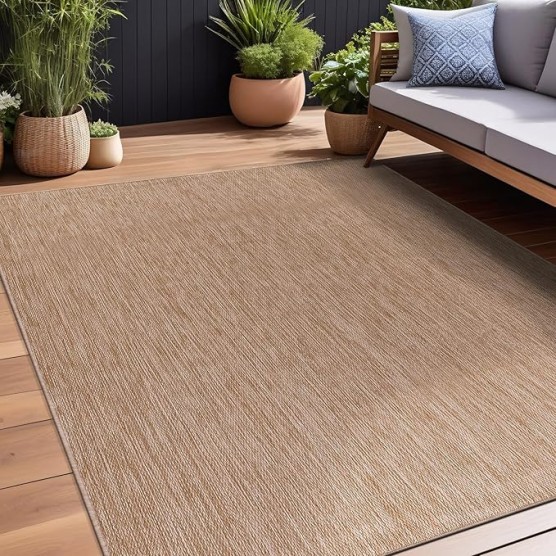 Indoor Outdoor Rug 8x10, Washable Outside Carpet for Patio, Deck, Porch, Solid Modern Area Rug, Water Resistant, Jute Beige