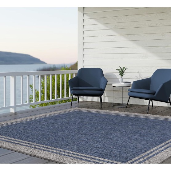 Washable Indoor Outdoor Rug Weather Resistant Indoor Outdoor Carpet for Porch Deck Balcony Backyard Patio Rug 6x9 Bordered Azure Blue/Silver Grey
