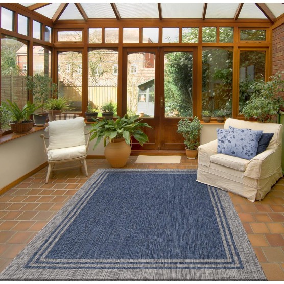 Washable Indoor Outdoor Rug Weather Resistant Indoor Outdoor Carpet for Porch Deck Balcony Backyard Patio Rug 6x9 Bordered Azure Blue/Silver Grey