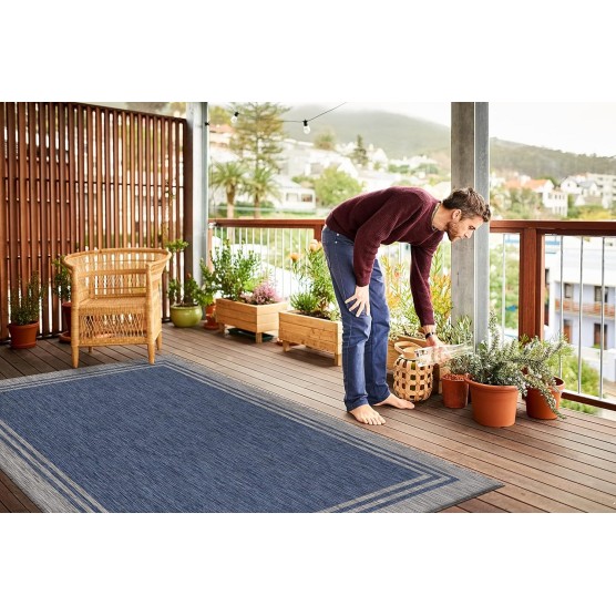 Washable Indoor Outdoor Rug Weather Resistant Indoor Outdoor Carpet for Porch Deck Balcony Backyard Patio Rug 6x9 Bordered Azure Blue/Silver Grey
