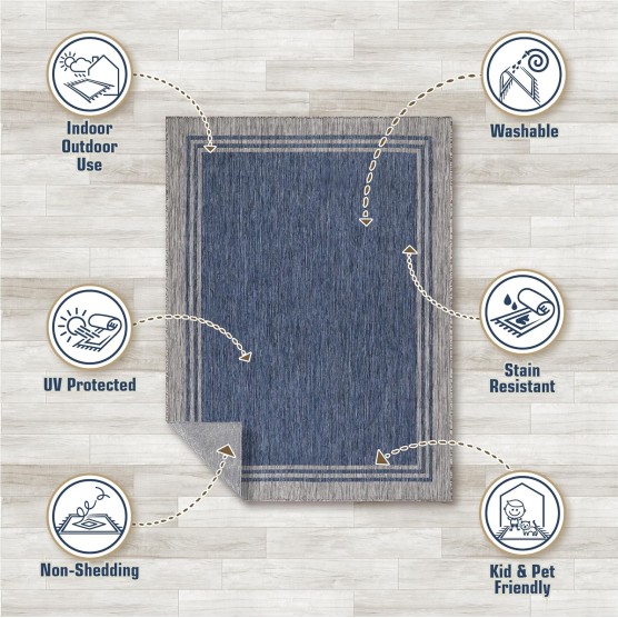 Washable Indoor Outdoor Rug Weather Resistant Indoor Outdoor Carpet for Porch Deck Balcony Backyard Patio Rug 6x9 Bordered Azure Blue/Silver Grey