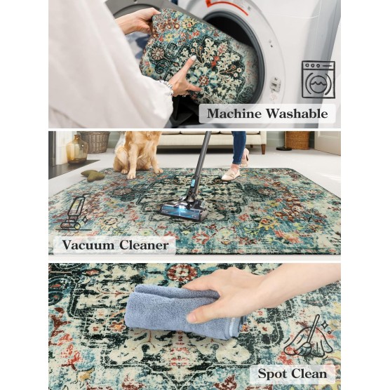 Area Rugs 6x9, Washable Area Rugs for Living Room Non Slip Bedroom Dining Room Rug, Large Bohemian Soft Stain Resistant Indoor Floor Carpet for Apartment Nursery Kids Room, Teal