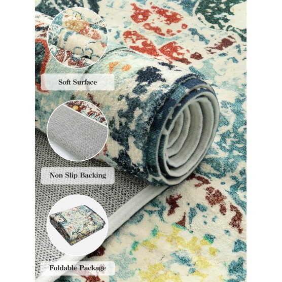 Area Rugs 6x9, Washable Area Rugs for Living Room Non Slip Bedroom Dining Room Rug, Large Bohemian Soft Stain Resistant Indoor Floor Carpet for Apartment Nursery Kids Room, Teal