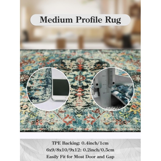 Area Rugs 6x9, Washable Area Rugs for Living Room Non Slip Bedroom Dining Room Rug, Large Bohemian Soft Stain Resistant Indoor Floor Carpet for Apartment Nursery Kids Room, Teal