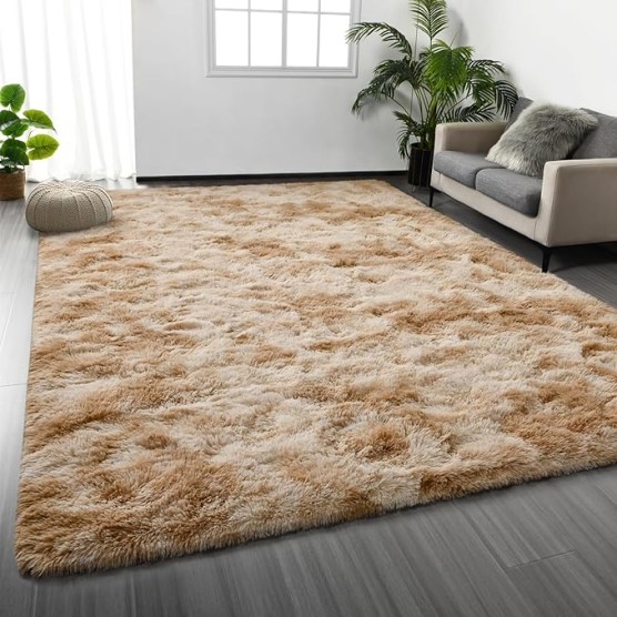 Large Shag Area Rugs 8 x 10, Tie-Dyed Plush Fuzzy Rugs for Living Room, Ultra Soft Fluffy Furry Rug for Bedroom, Indoor Carpet Nursery Rugs for Kids Room Home Decor, Beige