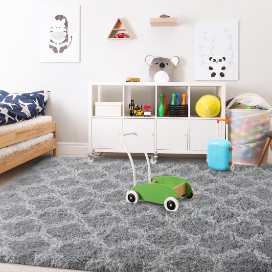 8×10 Large Shag Area Rugs for Bedroom, Light Grey Living Room Rug Super Soft Plush Fluffy Carpets, Moroccan Geometric Rug for Home Decor, Non-Slip Indoor Floor Rug for Dorm Nursery