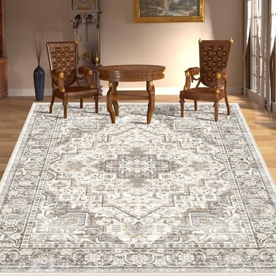 Washable Vintage Area Rug 9x12，Printed Vintage Home Decor, Floor Decoration Carpet Mat，Thin Rug for Living Room, Distressed Oriental Reto Indoor Floor Carpet Rug (Brown Beige 9x12)