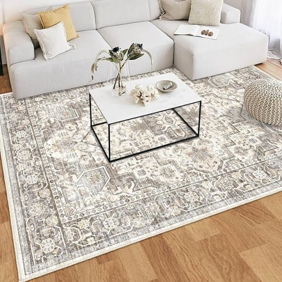 Washable Vintage Area Rug 9x12，Printed Vintage Home Decor, Floor Decoration Carpet Mat，Thin Rug for Living Room, Distressed Oriental Reto Indoor Floor Carpet Rug (Brown Beige 9x12)