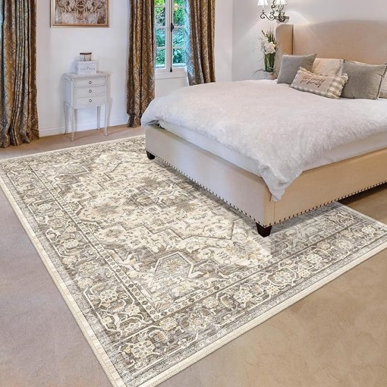 Washable Vintage Area Rug 9x12，Printed Vintage Home Decor, Floor Decoration Carpet Mat，Thin Rug for Living Room, Distressed Oriental Reto Indoor Floor Carpet Rug (Brown Beige 9x12)