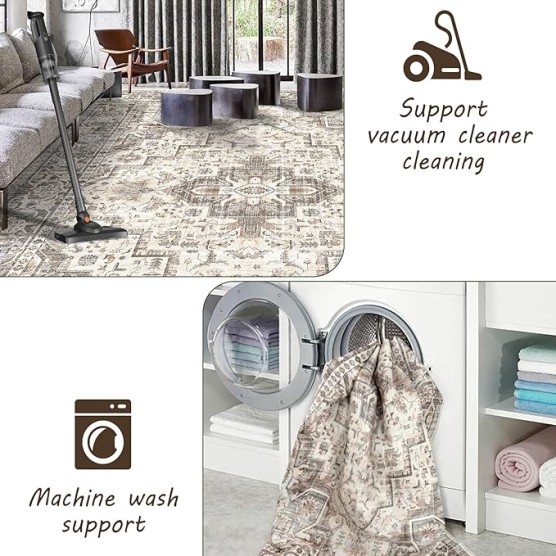 Washable Vintage Area Rug 9x12，Printed Vintage Home Decor, Floor Decoration Carpet Mat，Thin Rug for Living Room, Distressed Oriental Reto Indoor Floor Carpet Rug (Brown Beige 9x12)