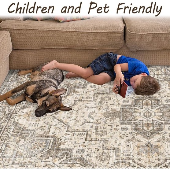 Washable Vintage Area Rug 9x12，Printed Vintage Home Decor, Floor Decoration Carpet Mat，Thin Rug for Living Room, Distressed Oriental Reto Indoor Floor Carpet Rug (Brown Beige 9x12)