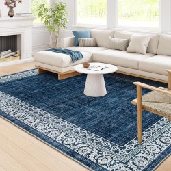 8x10 Blue Rugs for Living Room Washable Large Bedroom Rug 8x10 Under Bed,Dining Room Rugs for Under Table,Bordered Vintage Indoor Carpet for Home Office Apartment(8'x10',Blue)