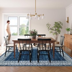 8x10 Blue Rugs for Living Room Washable Large Bedroom Rug 8x10 Under Bed,Dining Room Rugs for Under Table,Bordered Vintage Indoor Carpet for Home Office Apartment(8'x10',Blue)