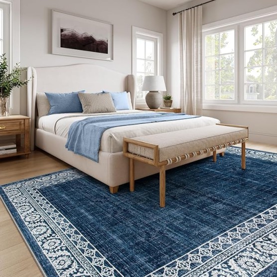 8x10 Blue Rugs for Living Room Washable Large Bedroom Rug 8x10 Under Bed,Dining Room Rugs for Under Table,Bordered Vintage Indoor Carpet for Home Office Apartment(8'x10',Blue)