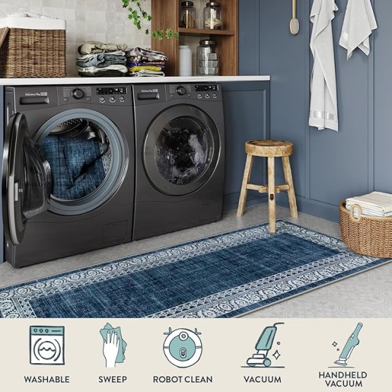 8x10 Blue Rugs for Living Room Washable Large Bedroom Rug 8x10 Under Bed,Dining Room Rugs for Under Table,Bordered Vintage Indoor Carpet for Home Office Apartment(8'x10',Blue)