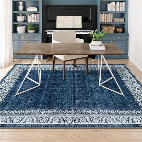 8x10 Blue Rugs for Living Room Washable Large Bedroom Rug 8x10 Under Bed,Dining Room Rugs for Under Table,Bordered Vintage Indoor Carpet for Home Office Apartment(8'x10',Blue)
