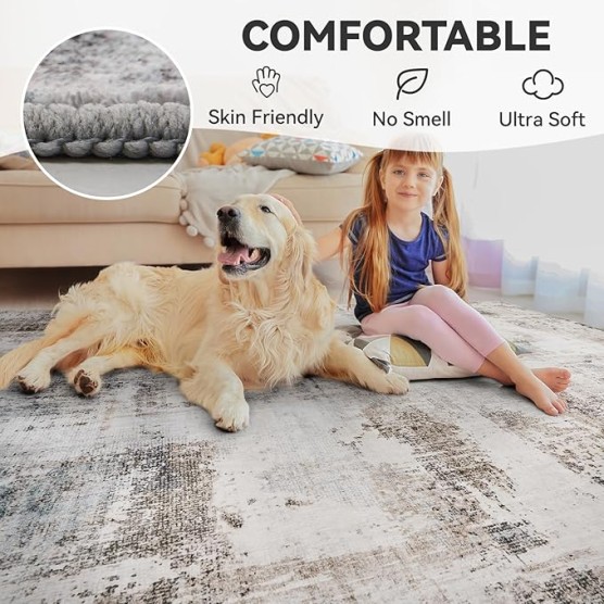 Camel Grey Washable Area Rugs 8x10 Rugs for Living Room Bedroom Rug Dining Room Office Rug Carpet Neutral Modern Abstract Soft Comfortable Water Repellent Easy Care Low Pile Non Slip