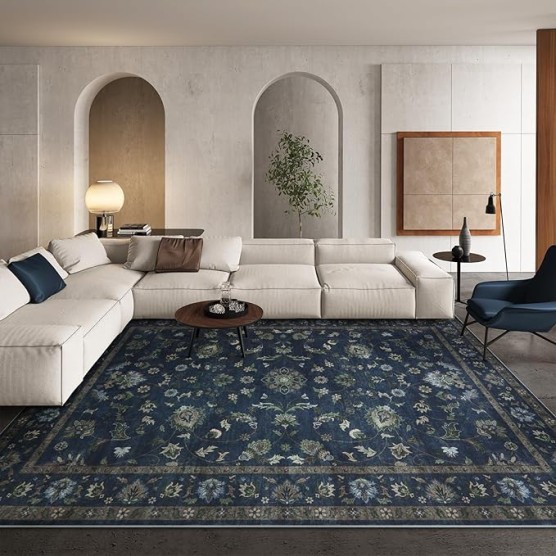  Vintage Floral Rugs for Living Room, Washable 8x10 Area Rugs, Low Pile Non Shedding Stain Resistant Rugs for Bedroom Dining Room Home Office Department,(Blue,8x10)
